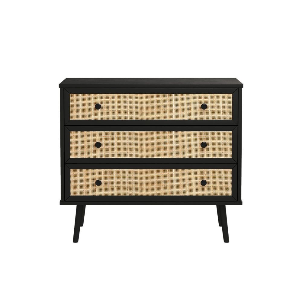 Cómoda de 3 Cajones con Patas de Madera - Negro y Natural - 90x39x79 cm - Mueble de Almacenamiento para Dormitorio