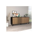 Buffet con 4 Puertas y Patas de Madera en Melamina Roble y Negro, 180x40x78,6 cm