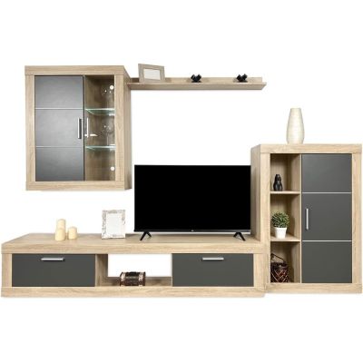 Mueble de salón y TV Moderno con Leds Color Cambria, cambria y grafito módulo de comedor
