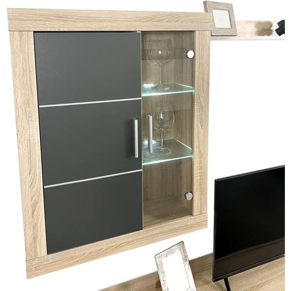 Mueble de salón y TV Moderno con Leds Color Cambria, cambria y grafito módulo de comedor