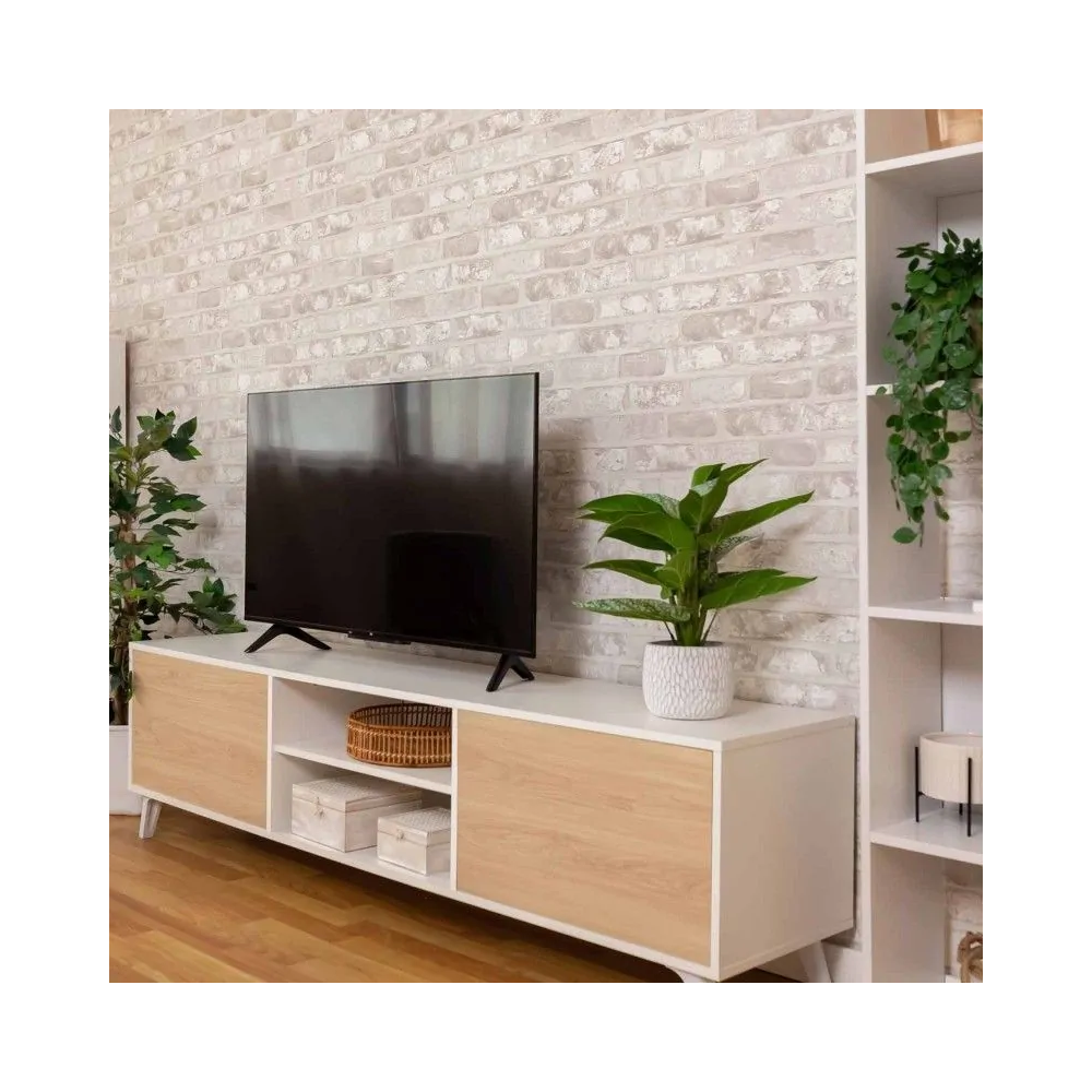 Conjunto de Salón Mueble Completo: Bajo TV, Vitrina, Estantería Decorativa y 2 Estantes - Estilo Roble y Blanco.