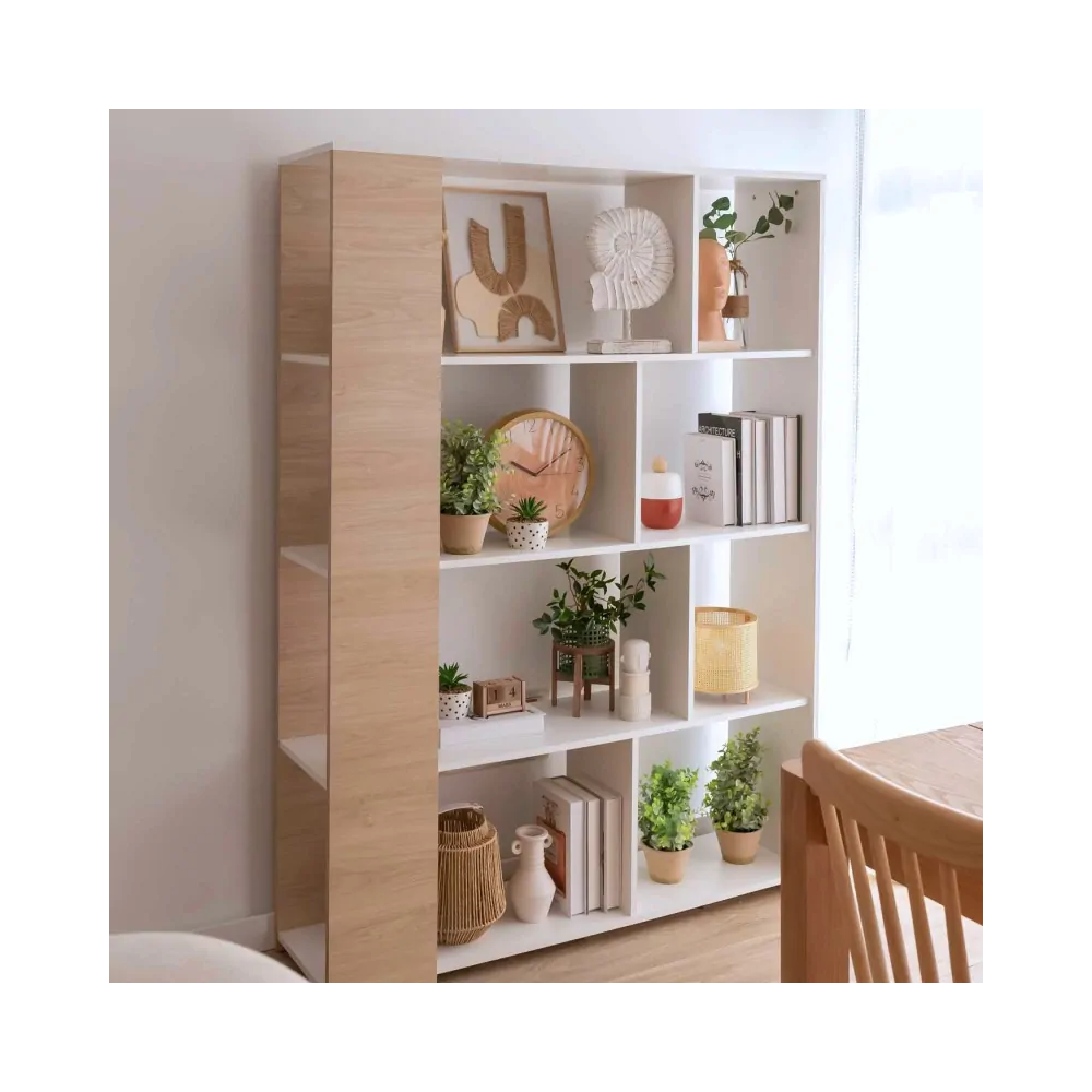 Conjunto de Salón Mueble Completo: Bajo TV, Mueble Bar, Estantería y Mueble Colgar - Estilo Roble y Blanco.