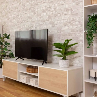 Mueble de TV de Diseño Nórdico, 2 Estantes y 2 Puertas, Cambria - Blanco, 49cm (Al)x 180cm (Anc) x 40cm (Fon)