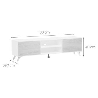 Mueble de TV de Diseño Nórdico, 2 Estantes y 2 Puertas, Cambria - Blanco, 49cm (Al)x 180cm (Anc) x 40cm (Fon)