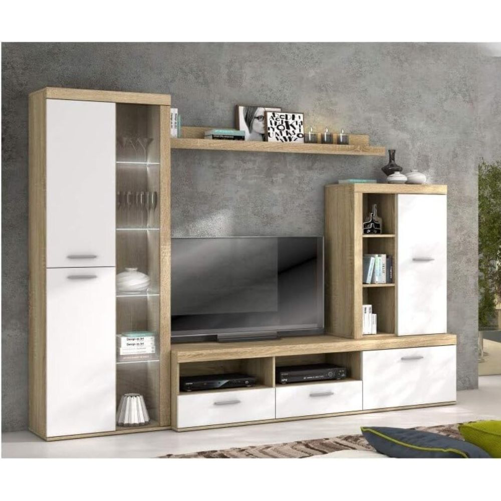 Mueble de Salón Moderno con Leds, Acabado en Cambria - Blanco, Medidas: 260 cm (Ancho) x 191 cm (Alto) 47,5 cm (Fondo)