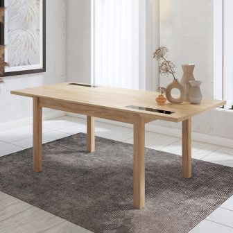 Mesa Comedor, Mesa de salón Extensible, Acabado en Color Cambria y Cristal, Medidas: 140-180 cm (Lar) x 90 cm (Anc) x 75 cm (Al)