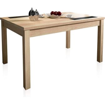Mesa Comedor, Mesa de salón Extensible, Acabado en Color Cambria y Cristal, Medidas: 140-180 cm (Lar) x 90 cm (Anc) x 75 cm (Al)