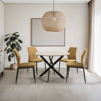 Mesa Redonda con Tapa de Cristal y Estructura Metálica Pata En Color Negro | Medidas: 110 x 73 cm