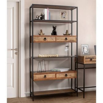 Estantería de Madera de Abeto con 4 Cajones y Estructura Metálica Negra- Medidas 90x36x182 cm