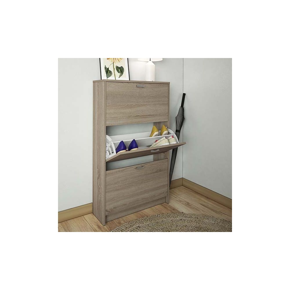 Zapatero Compacto Roble – Mueble con 3 Puertas y Doble Profundidad | MDF con Acabado Melamina | 70 x 25 x 120 cm