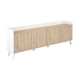 Aparador, Mueble Tv, Salón Comedor 4 Puertas, Armario Auxiliar Color Blanco y Roble, Medidas: 180x63x33,5 Cm