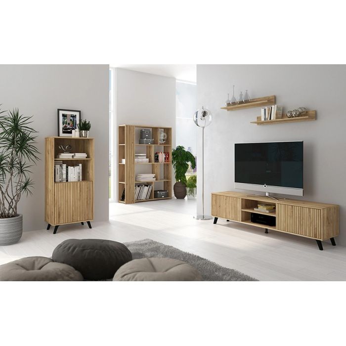 Conjunto de Salón Mueble Completo: Bajo TV, Mueble Bar, Estantería y Mueble Colgar - Estilo Mauvella Rayas.