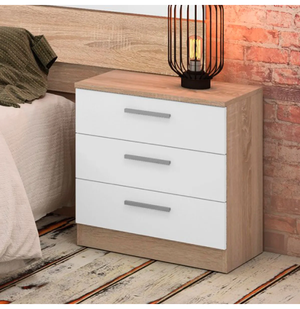 Mesita de Noche 3 Cajones, Acabado en Color Cambrian y Blanco, Medidas: 50 cm (La) x 34,6 cm (Fo) x 55 cm (Al)